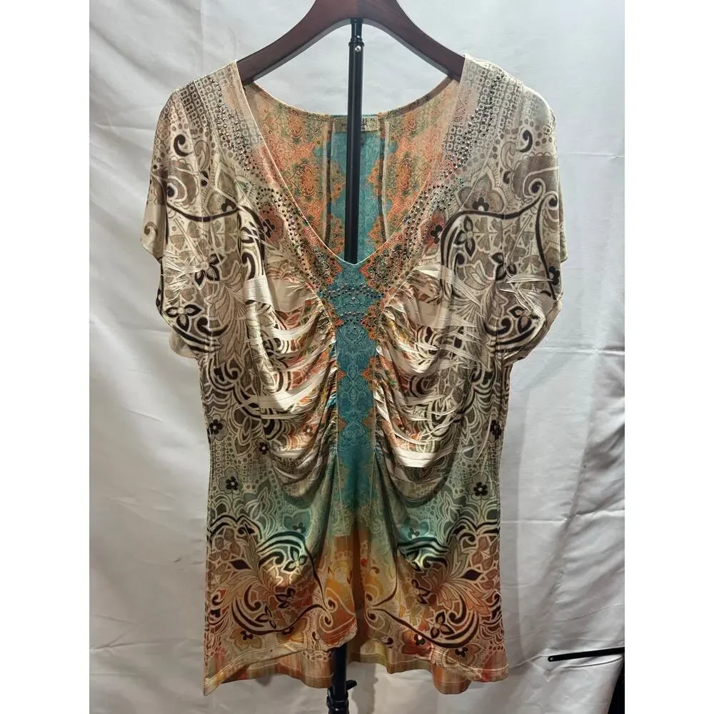 One World Live and Let Live Womens XL Top Cap Sleeve Embellished Rhinestone Boho - Picture 2 of 11